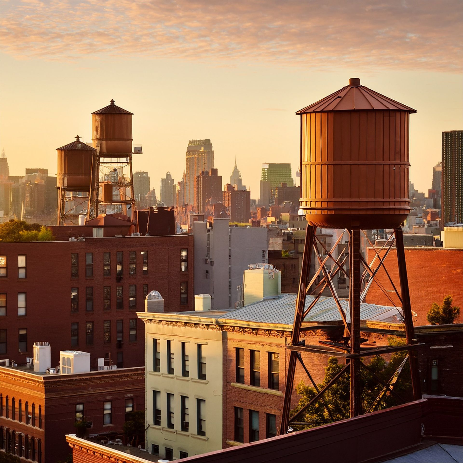Queens rooftops and water towers at dusk